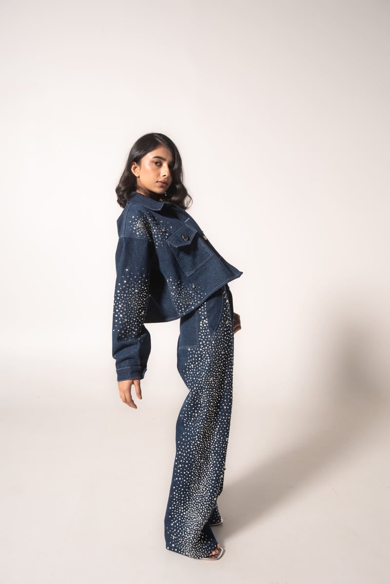 Navy Rhinestone Embellished High-Rise Baggy Jeans