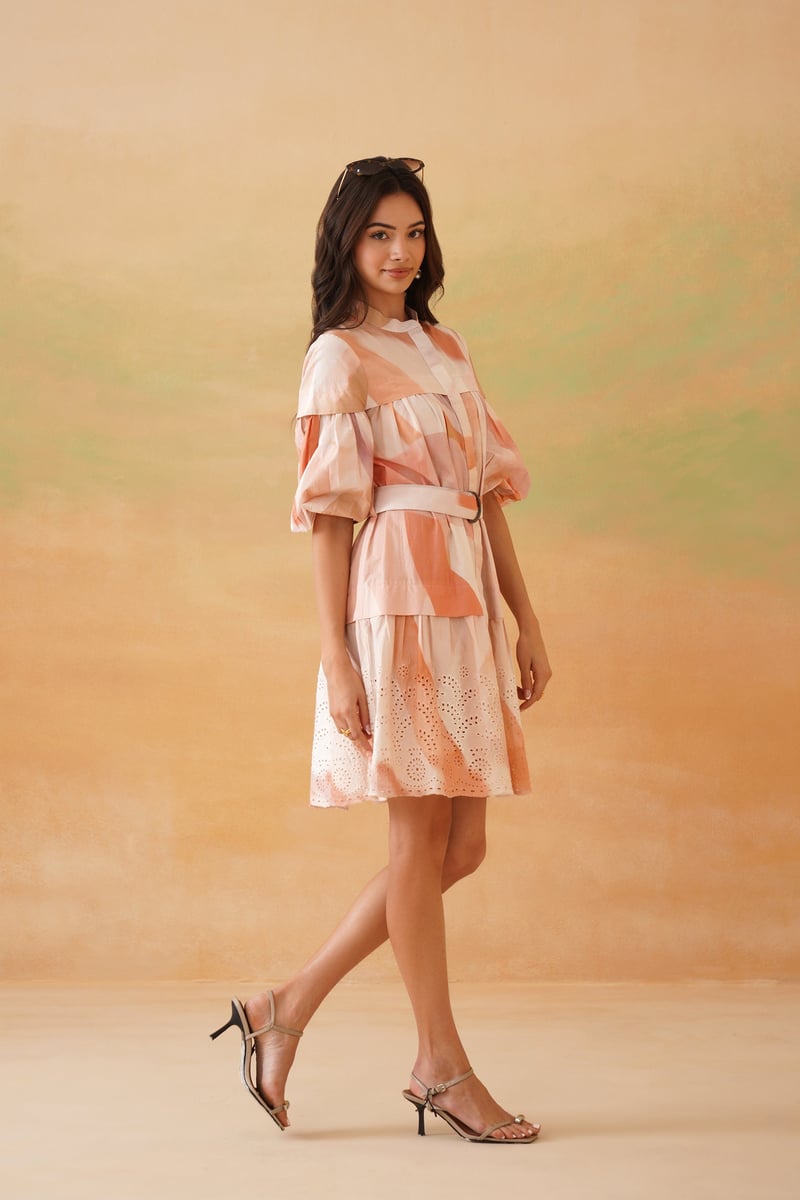 Peach Pastel Printed Tiered Mini Shirt Dress with Belt