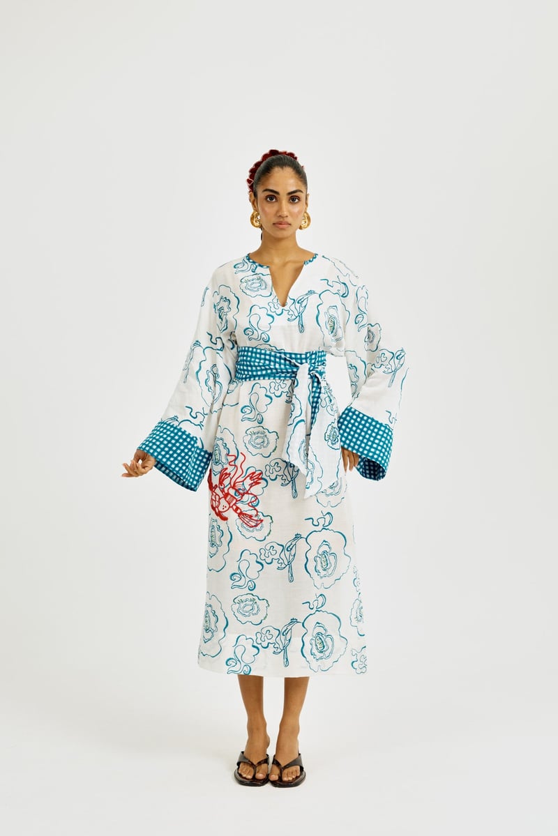 White and Blue Printed Belted Midi Dress