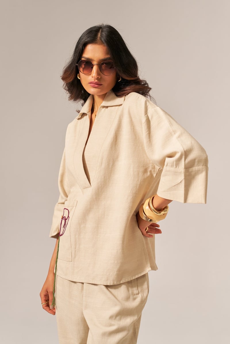 Beige Cotton Slub Shirt and Tapered Pants Co-ord Set
