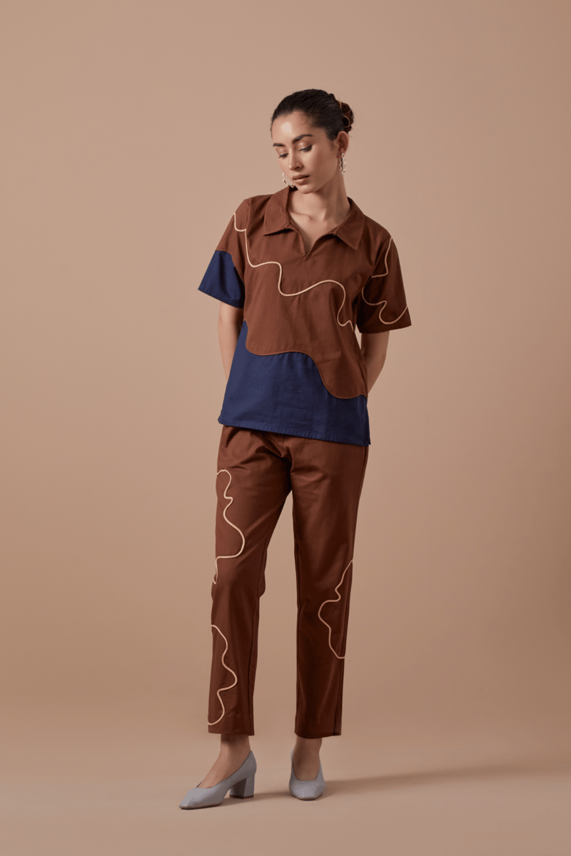 Mocha Brown Colorblocked Cotton Twill Co-ord Set
