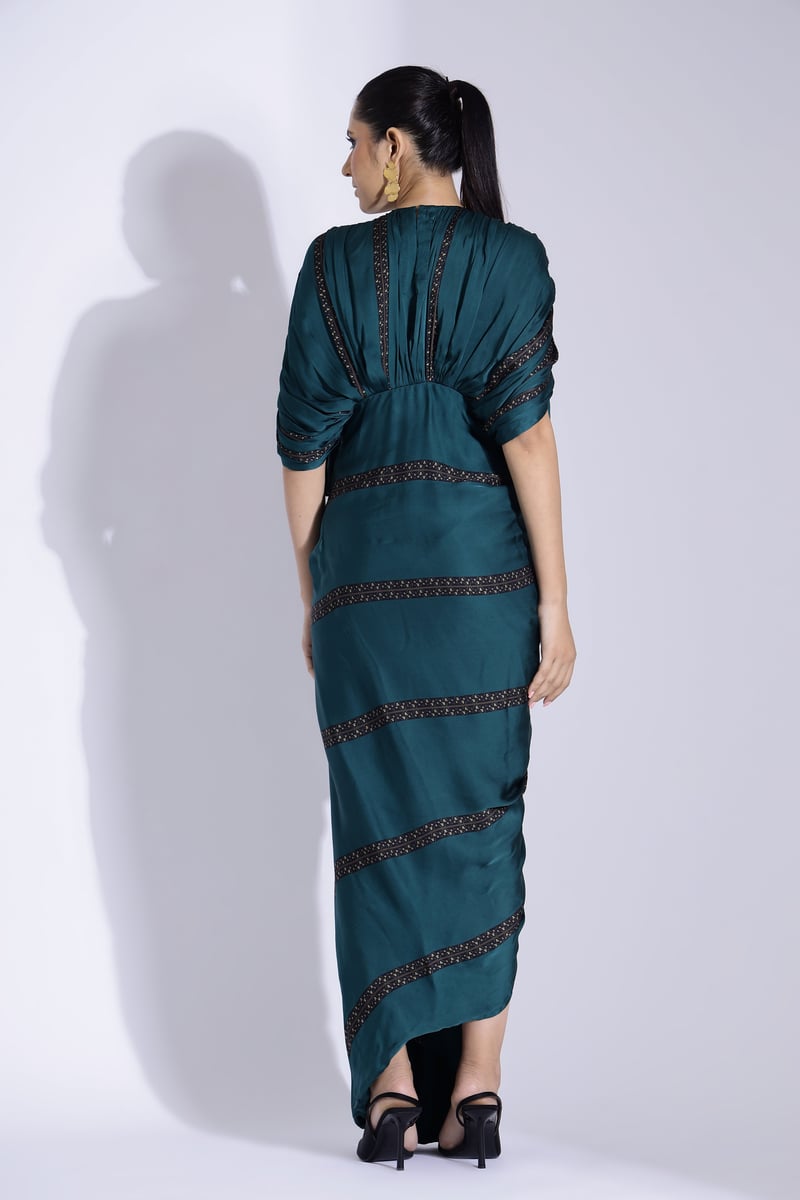 Teal Draped Kaftan Gown with Front Slit