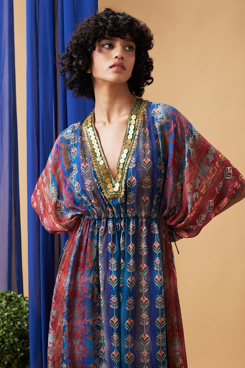 Beige Printed Chiffon Kurta Set with Embellished V-Neck