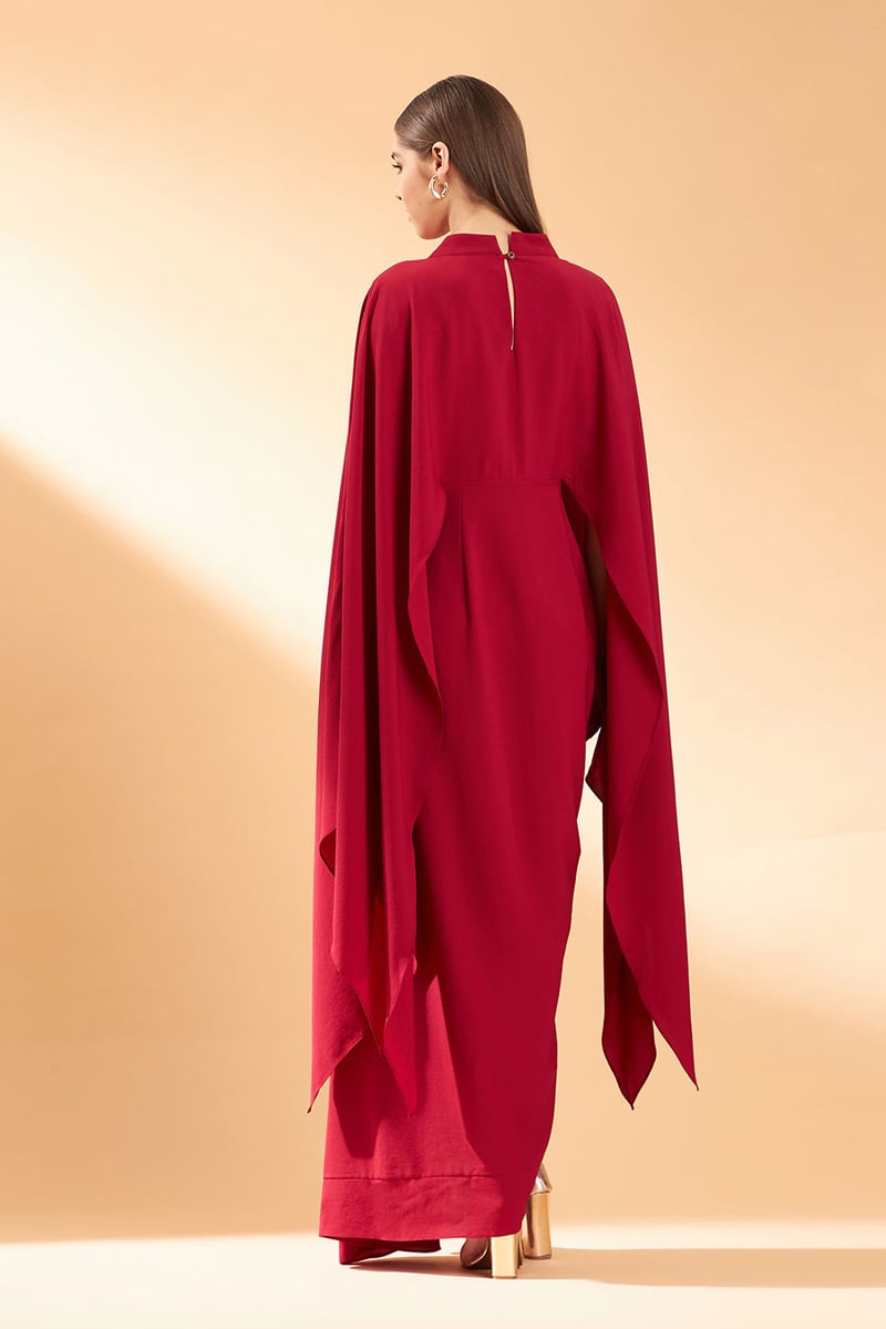Maroon Maxi Cape Drape Dress with Sequin Embroidery