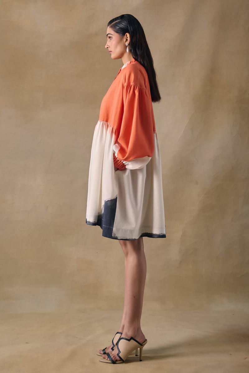 Orange Wash Printed Smock Mini Dress with Button-Down Front