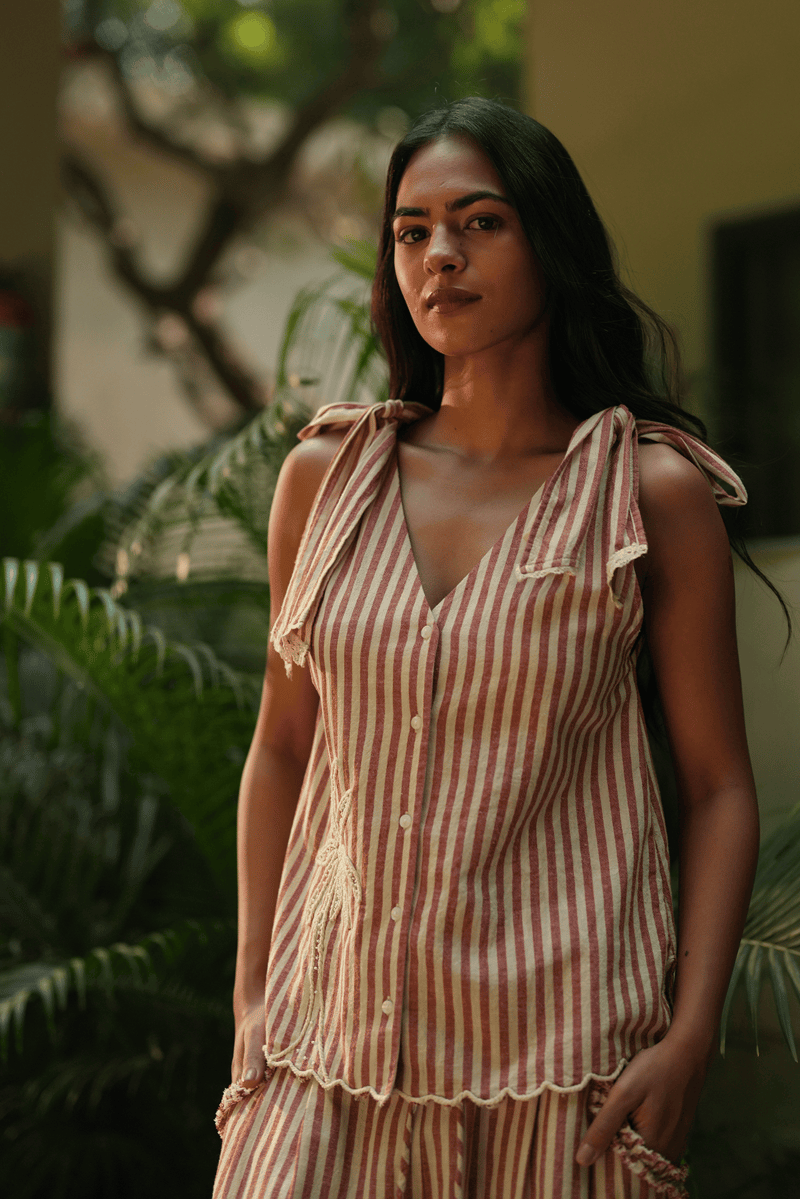 Red and Beige Striped Tie-Shoulder Button-Front Top