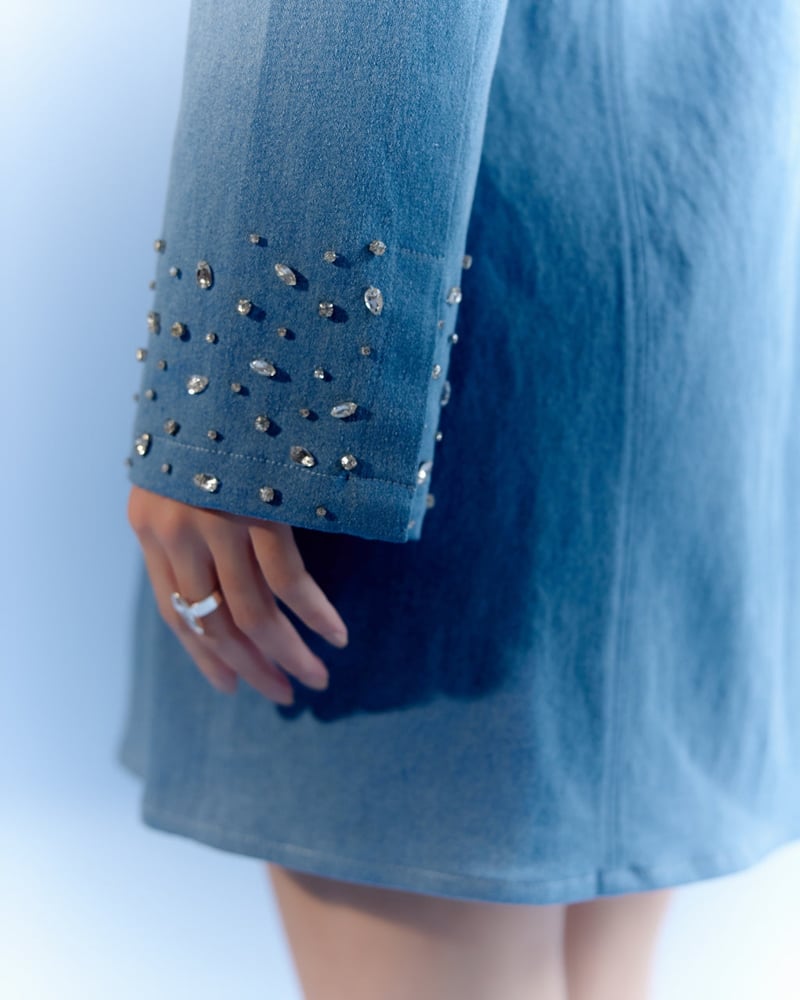 Blue Denim Mini Shirt Dress with Crystal Fringe Yoke