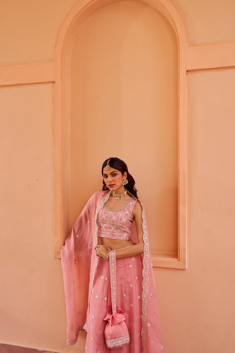Pink Organza Embroidered Lehenga Set with Dupatta