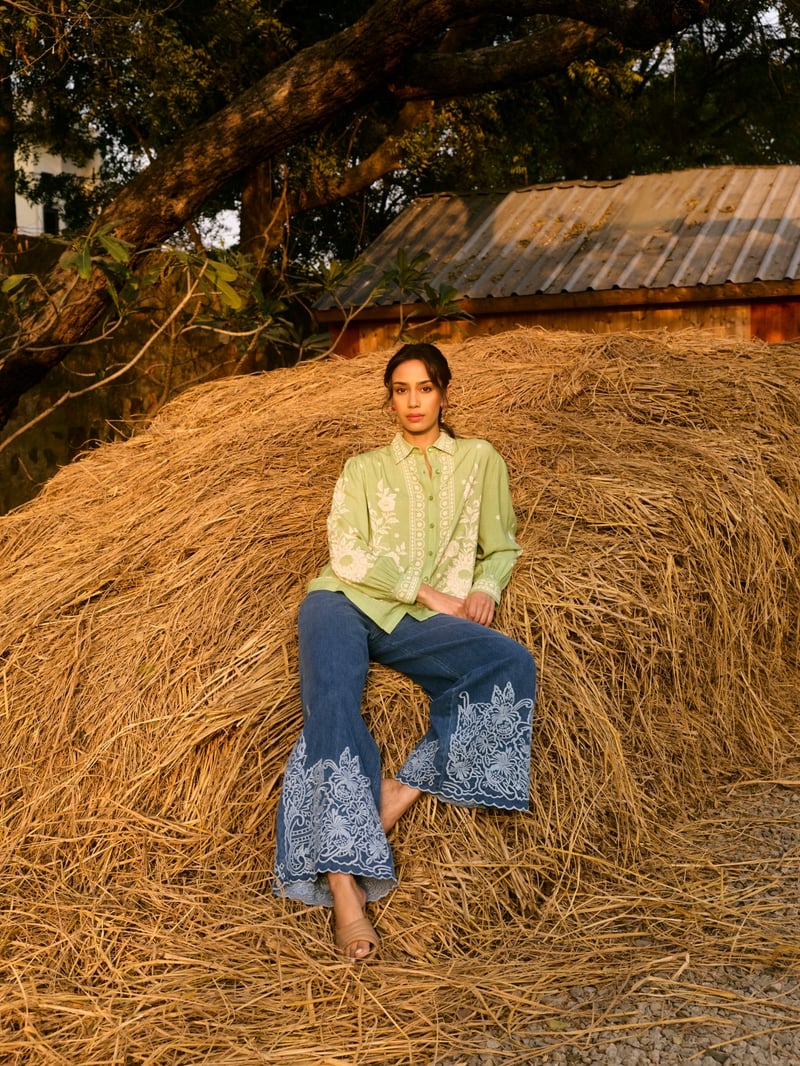 Green Floral Printed Cotton Button-Down Shirt