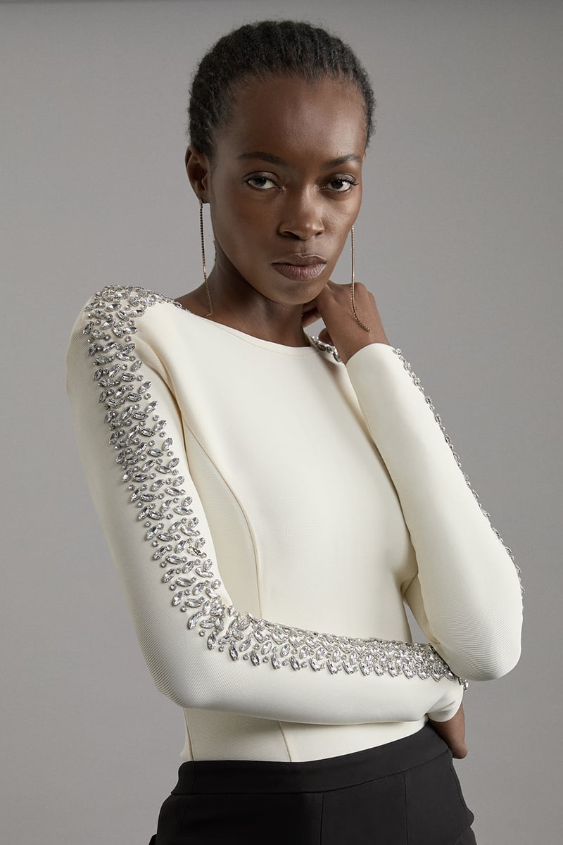 Cream Bandage Knit Crystal-Embellished Sleeve Top — KAREN MILLEN