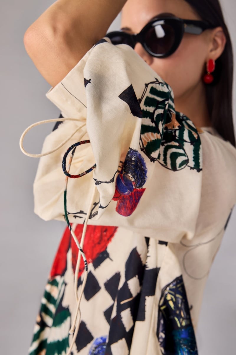 Multi Printed Shift Mini Dress with Bell Sleeves