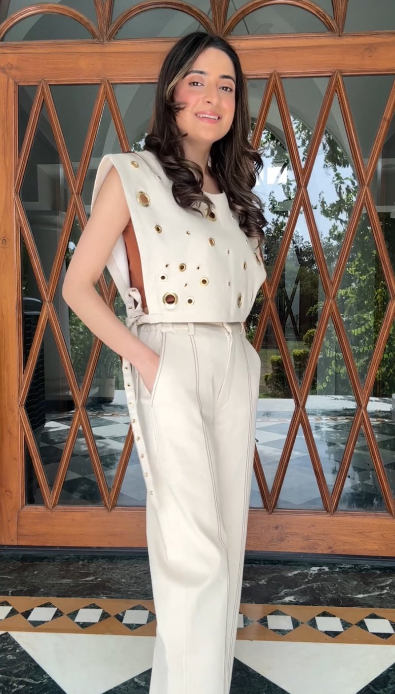 Off-White Denim Eyelet Bib Crop Top with Side Ties