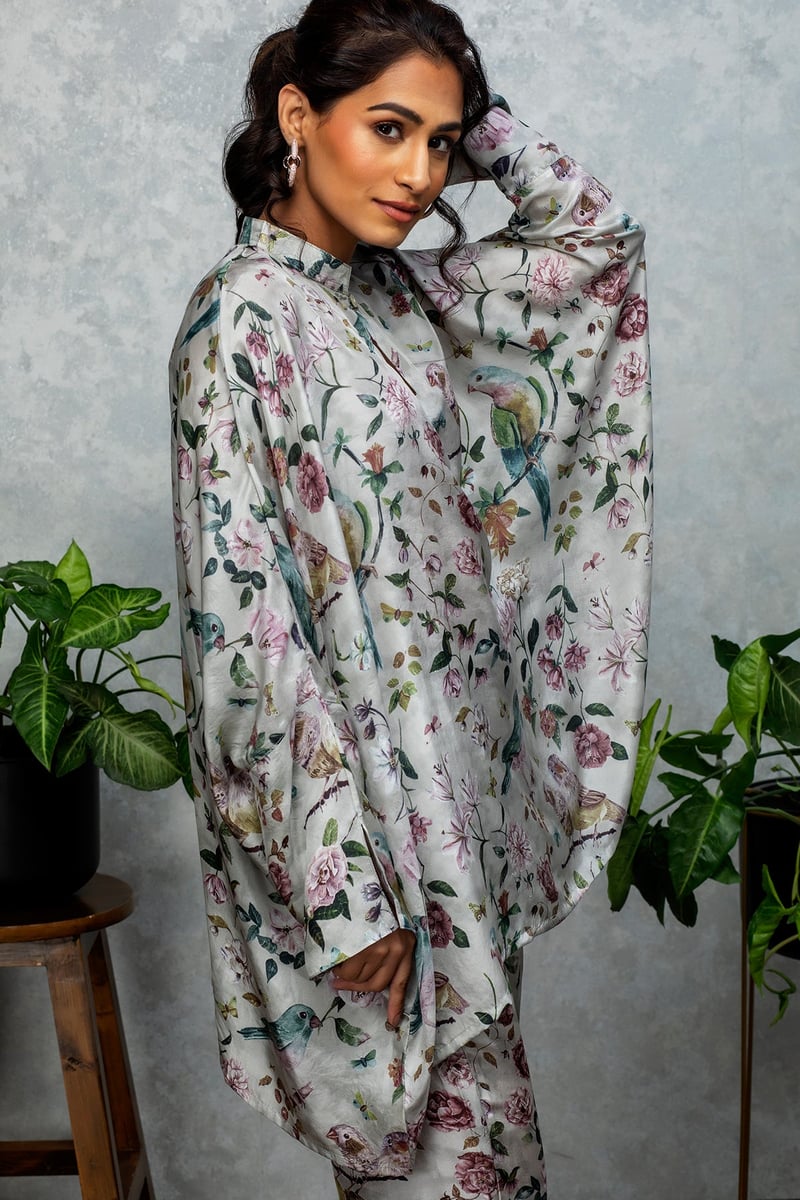 Grey/Multicolor Printed Silk Co-ord Set