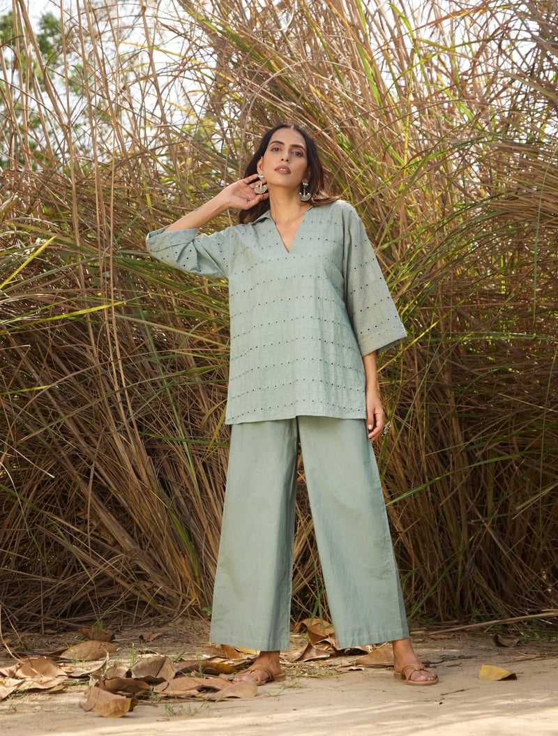 Light Blue Cotton Cutwork Co-ord Set with Wide-Leg Pants