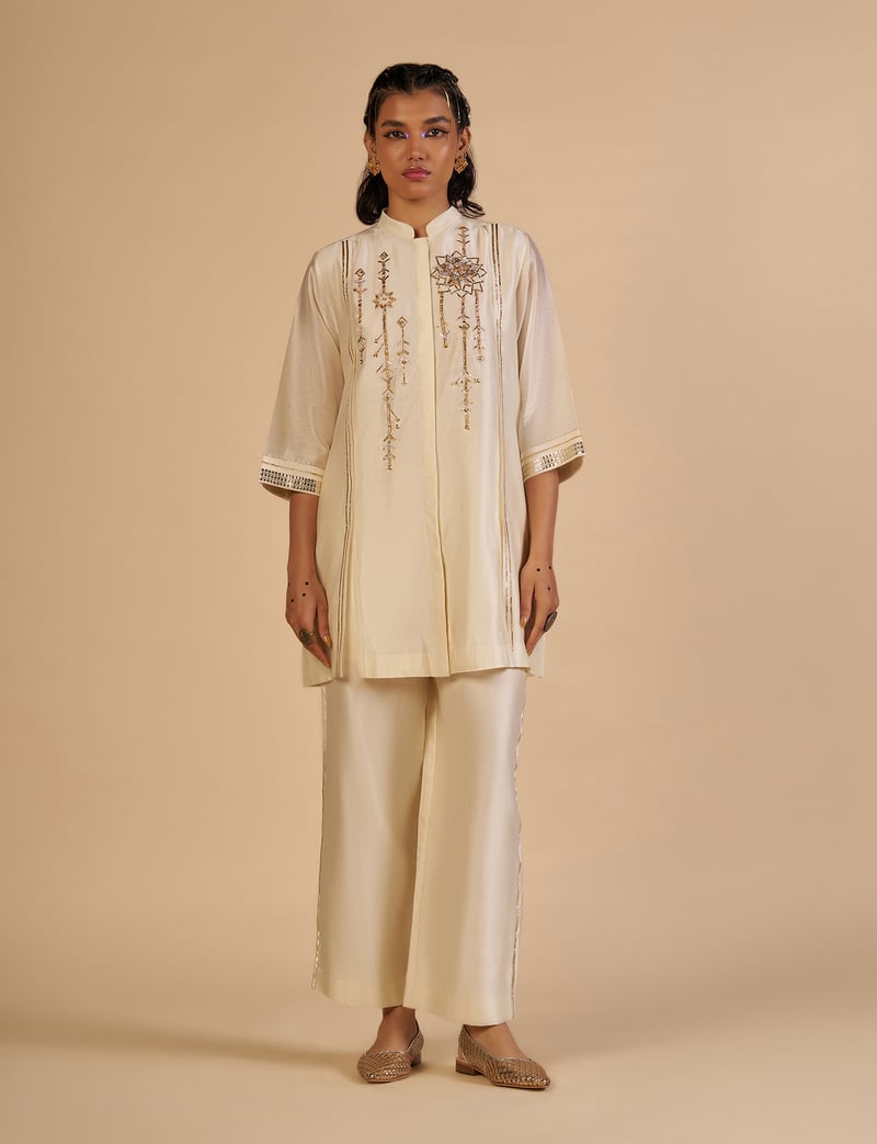 Off White Boxy Silk Chanderi Shirt with Gota Work — Gulabo by Abu Sandeep