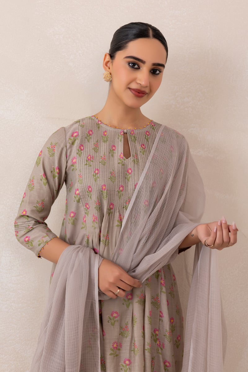 Mushroom Grey Pink Floral Chanderi Kurta Set with Dupatta
