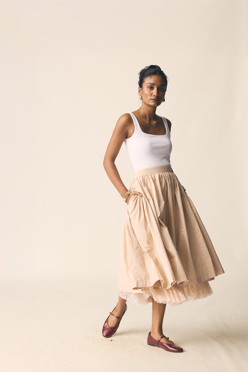 Beige Layered A-Line Midi Skirt with Lace Hem