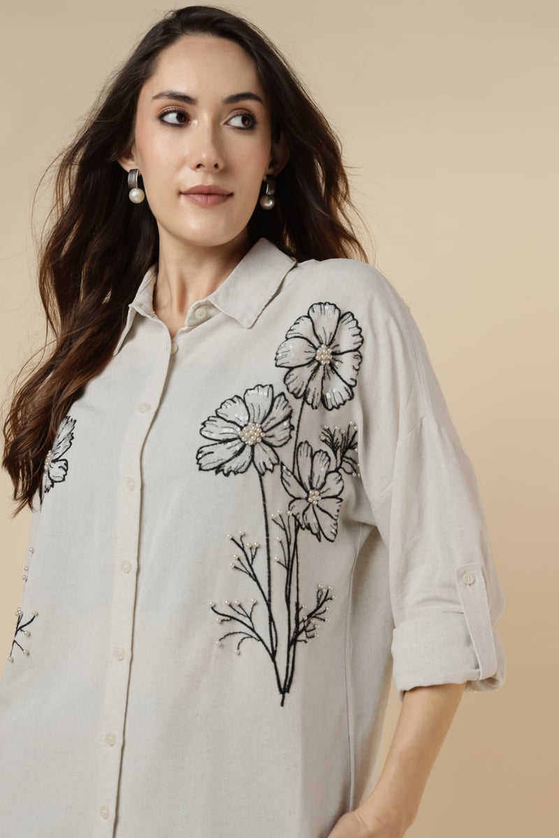Natural Floral Embellished Longline Shirt