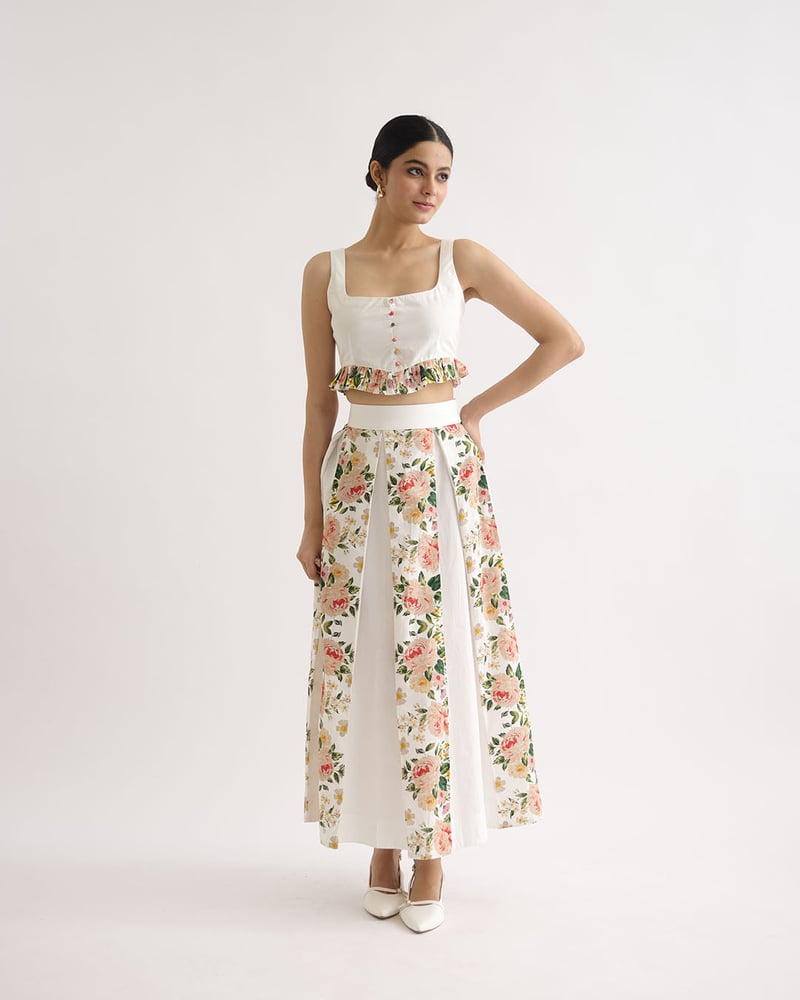 White Floral Crop Top and Midi Skirt Co-ord Set