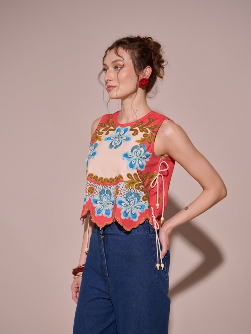 Beige Floral Printed Sleeveless Top with Side Ties
