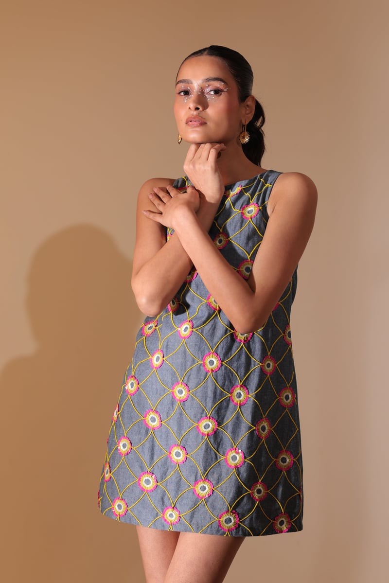 Blue Denim Embroidered Daisy Lattice Shift Mini Dress