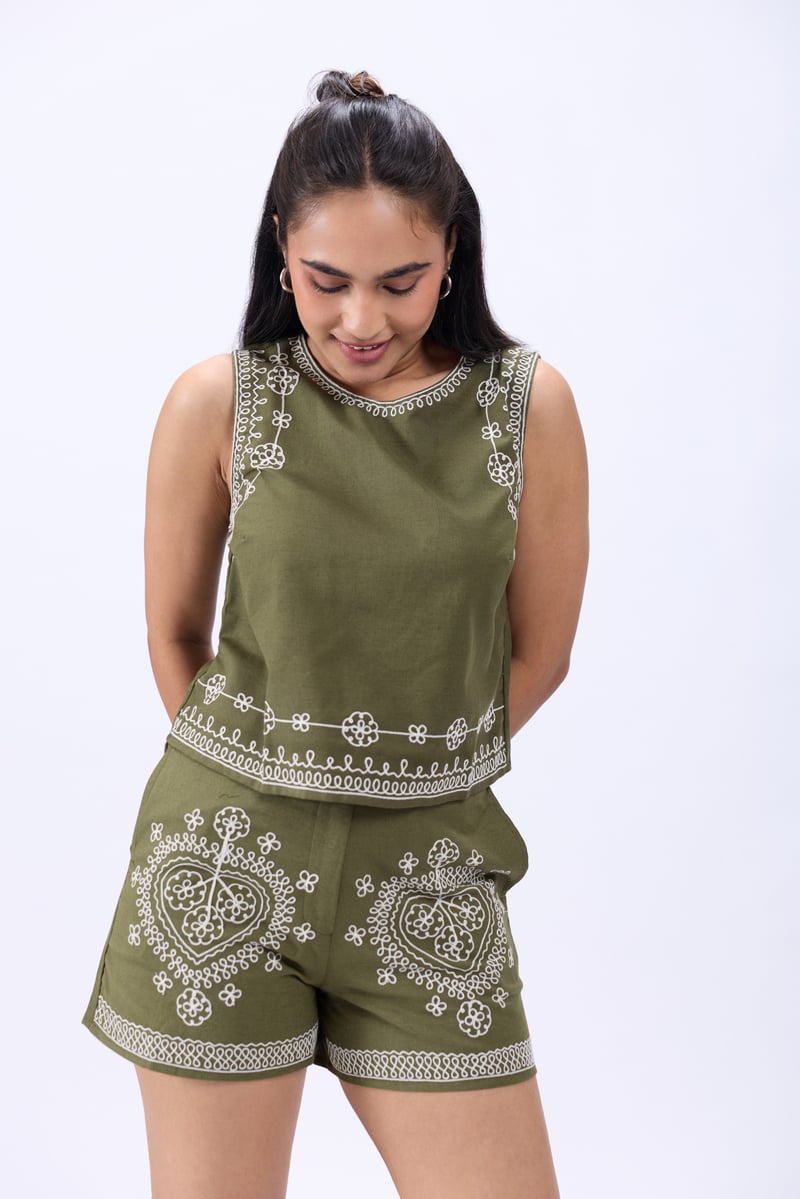 Olive Green Ari Embroidered Blouse and Shorts Co-ord Set