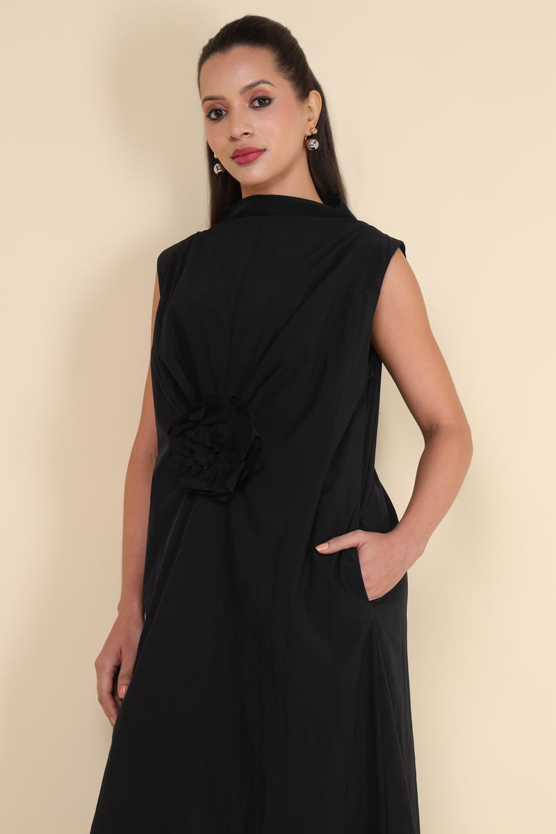 Black High Neck Sleeveless Midi Dress with Waist Rosette