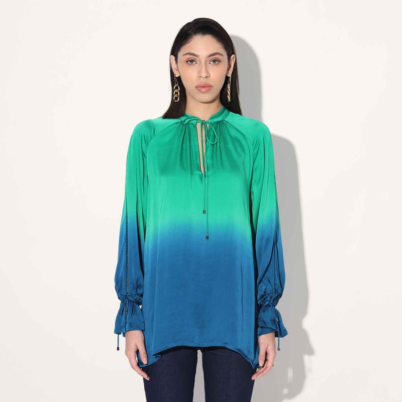 Blue/Green Ombre Viscose Satin Tie-Up Neck Longline Top