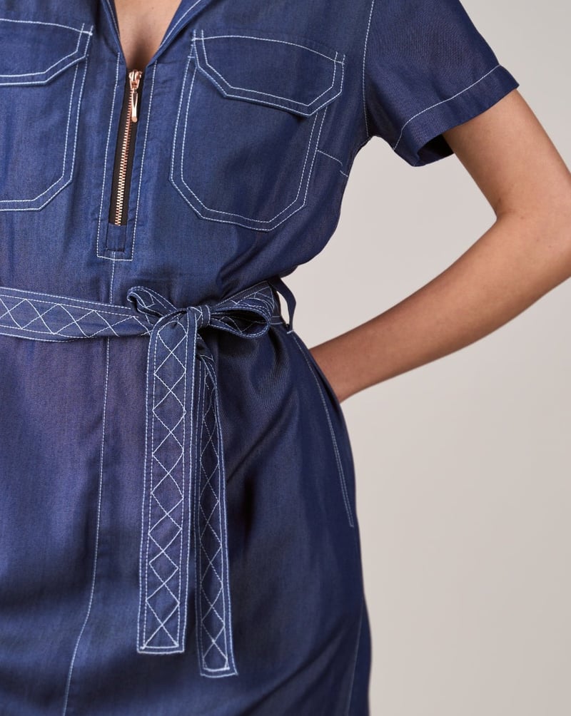 Blue Tencel Denim Belted Mini Shirt Dress