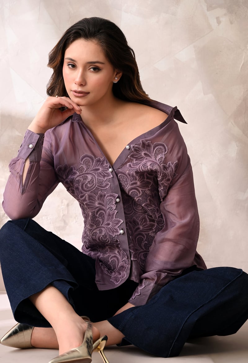 Mauve Sheer Button-Down Shirt with Tonal Floral Appliqué