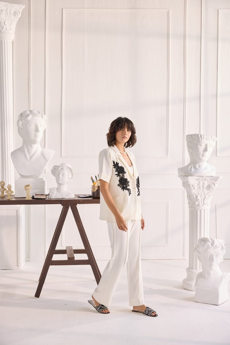 Ivory Blazer and Straight Pants Co-ord Set with Lace Applique