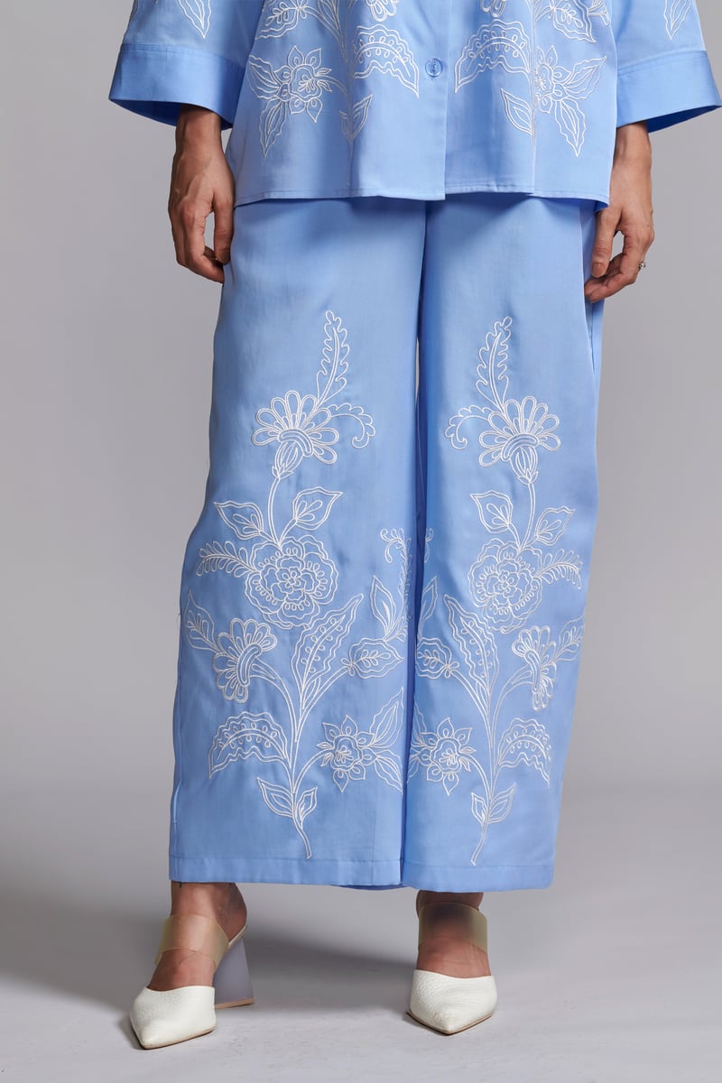 Pastel Blue Tencel Straight-Leg Embroidered Trousers
