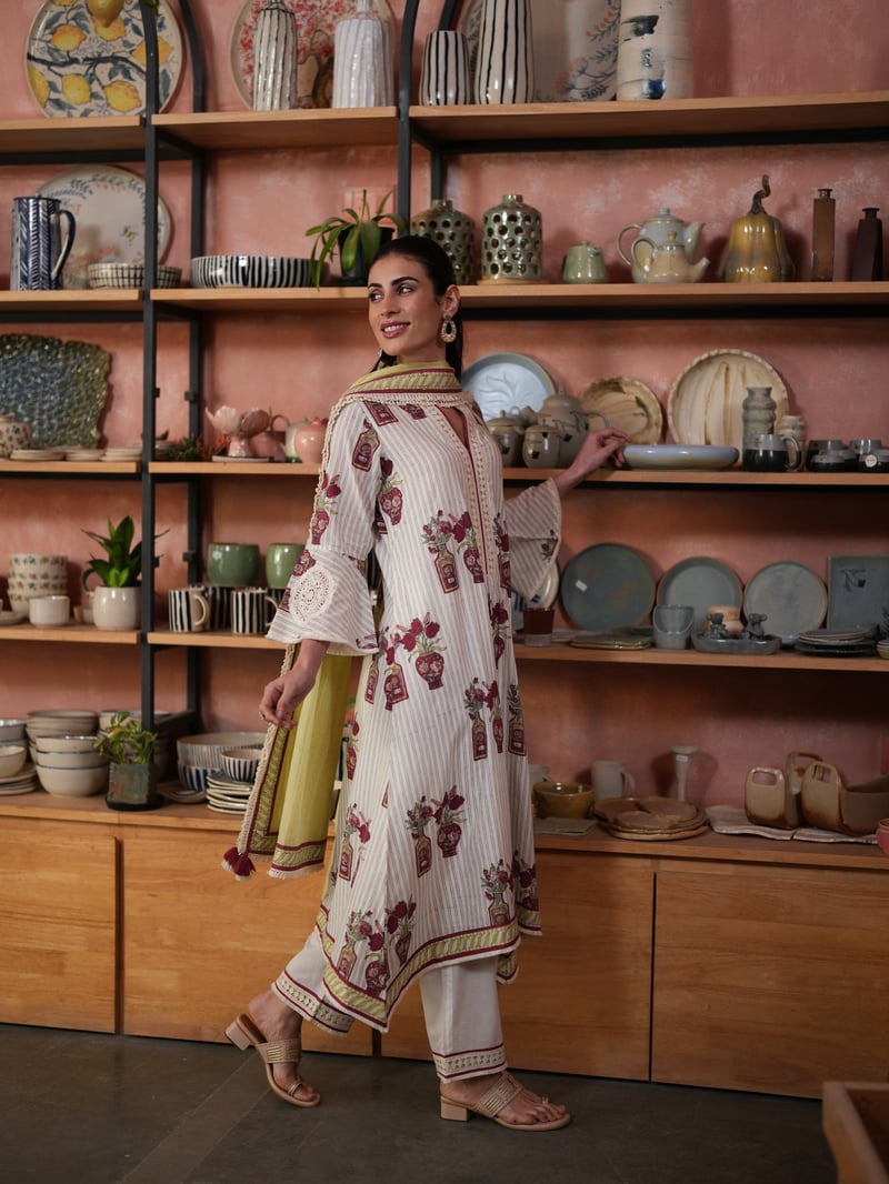 Multicolor Asymmetrical V-Neck Printed Cotton Kurta Set