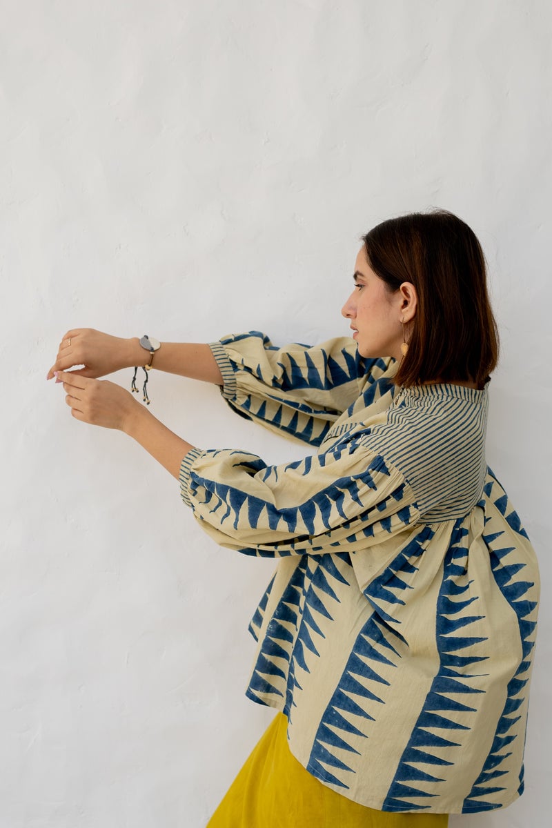 White and Indigo Block Print Cotton Button-Front Top
