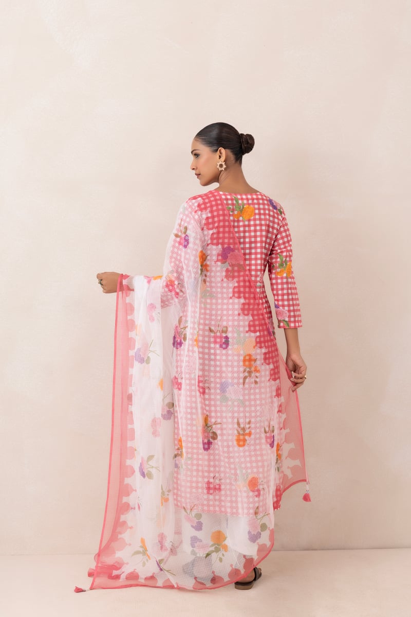 Pink and White Gingham Printed Cotton Kurta Set