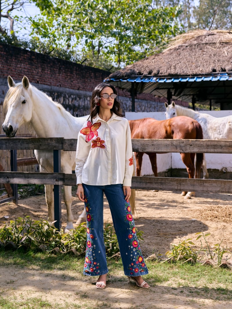 Off-White Floral Applique Button-Down Shirt