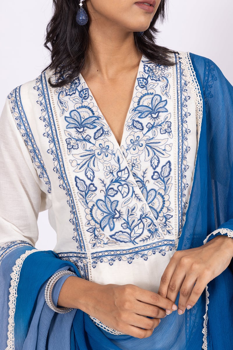 Ivory Linen A-Line Embroidered Kurta Set with Dupatta