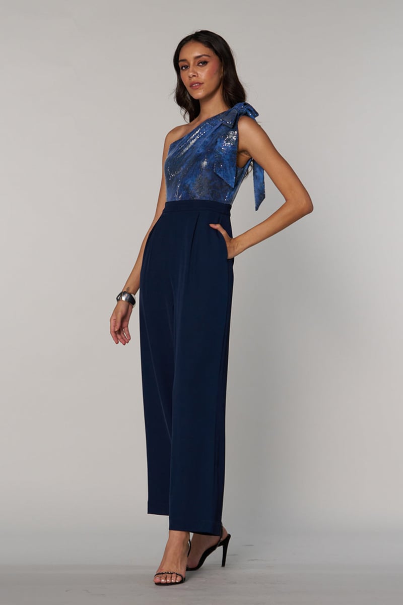 Blue One-Shoulder Sequin Wide-Leg Jumpsuit