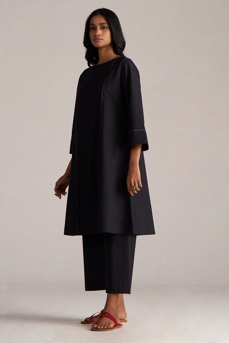 Black Cotton-Linen Kurta and Wide-Leg Pants Co-ord Set