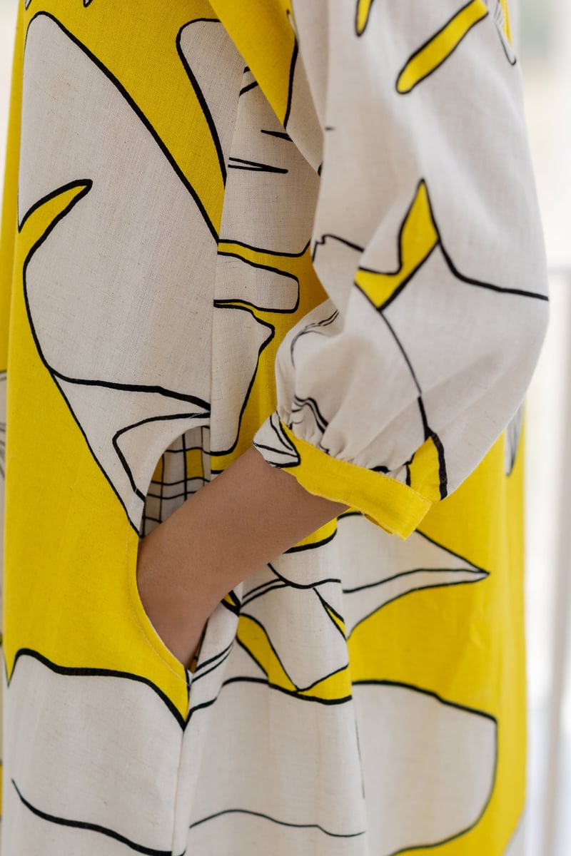 Yellow Banana Leaf Print Button-Down A-Line Kurta Set