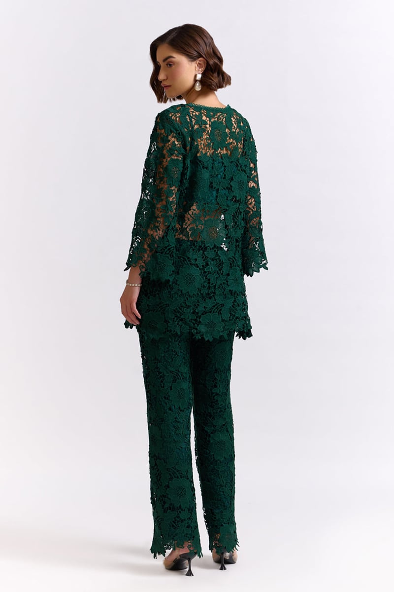 Green Lace Tunic Top and Wide-Leg Pants Co-ord Set