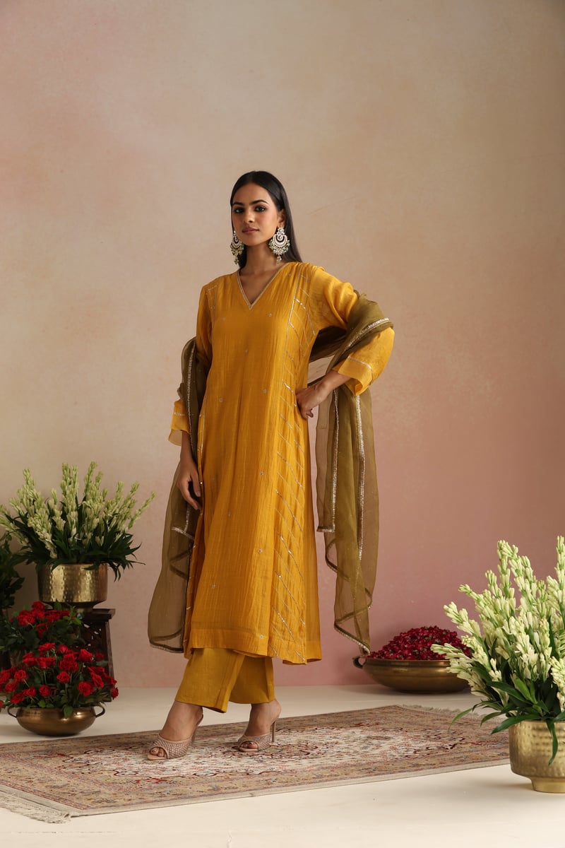 Mustard Yellow Silk Chanderi A-Line Kurta Set