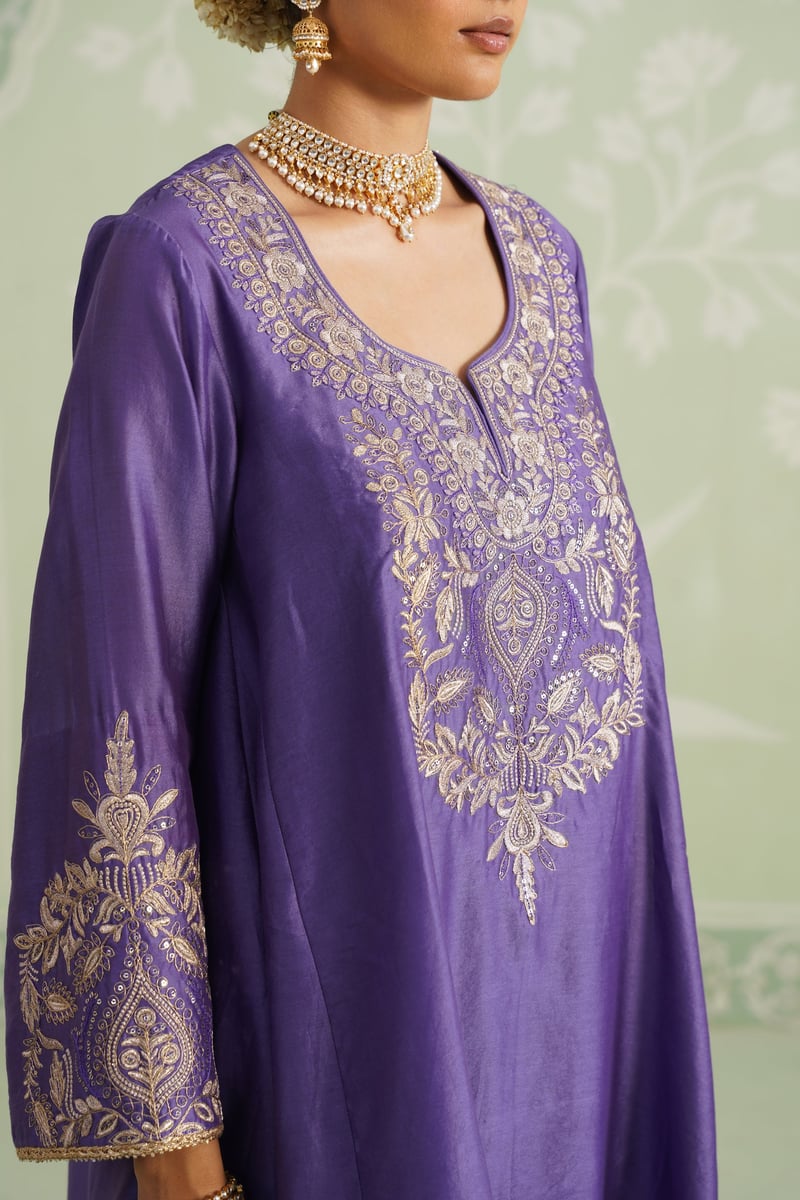 Purple Embroidered Chanderi Kurta Set with Salwar