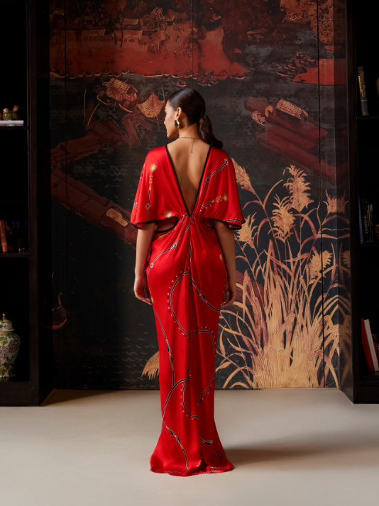 Red Cupro Satin Printed Maxi Gown with Waist Cut-Outs