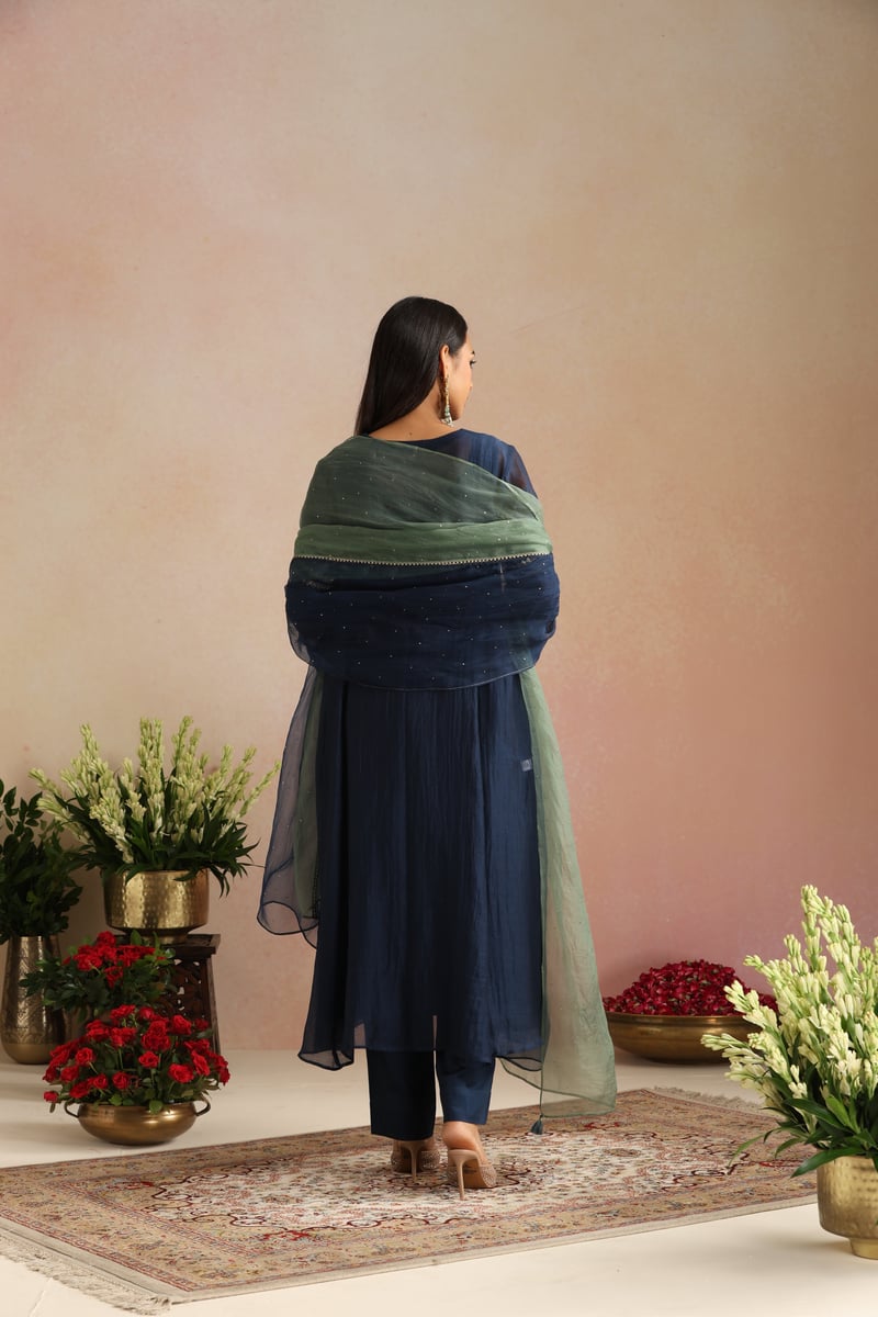 Navy Blue Silk Chanderi Embroidered Kurta Set