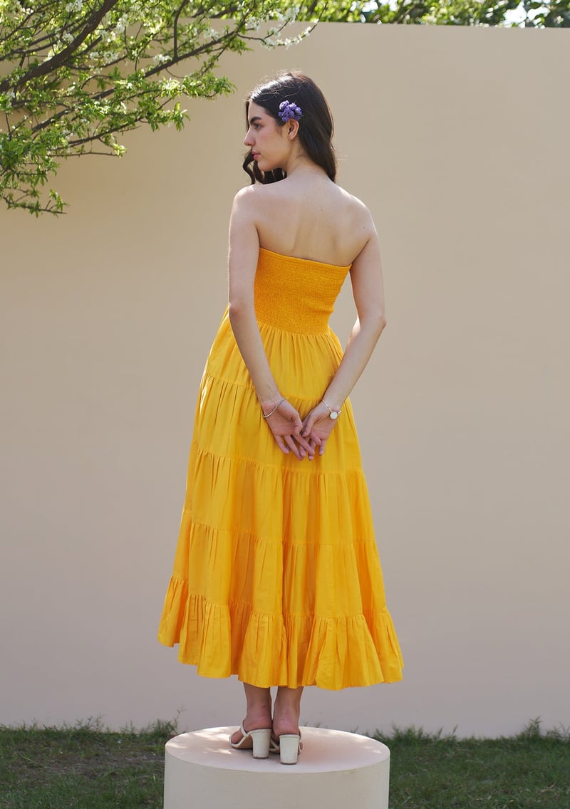 Mango Yellow Tiered Smocked Midi Dress with Detachable Sleeves