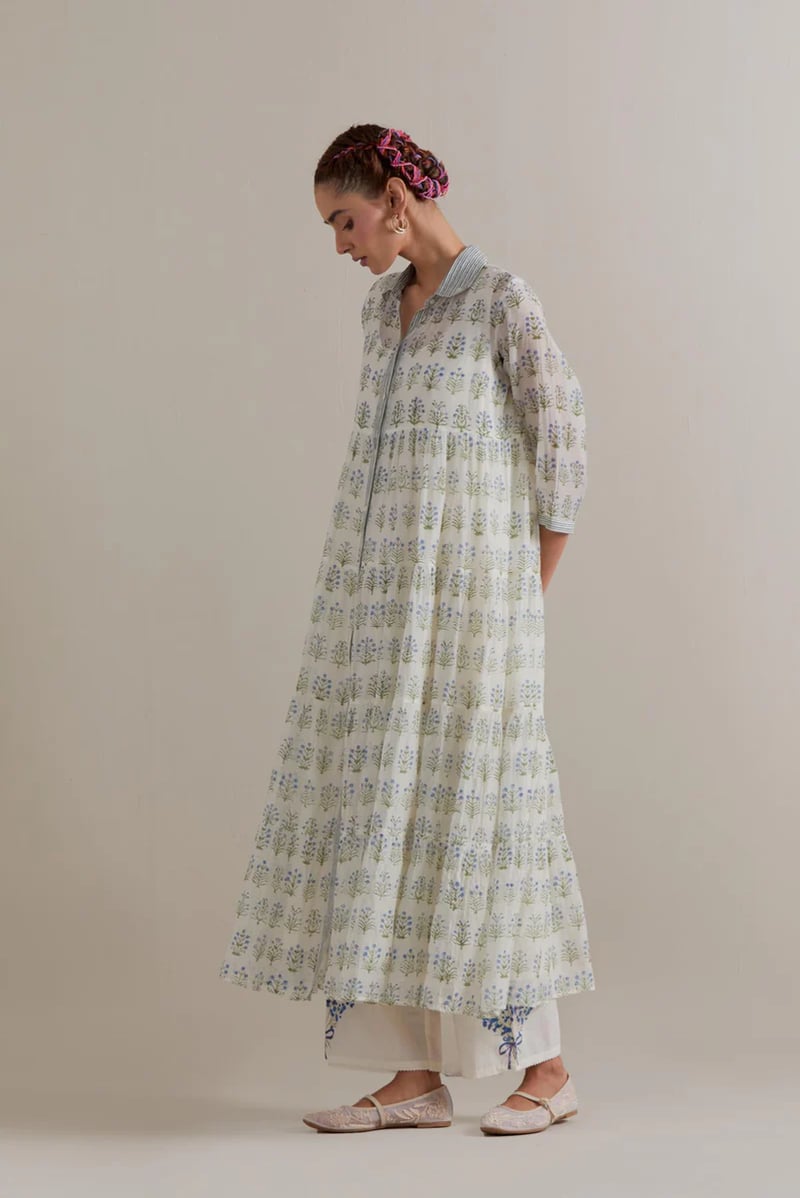Blue/Green Floral Printed Tiered Kurta Set with Slip