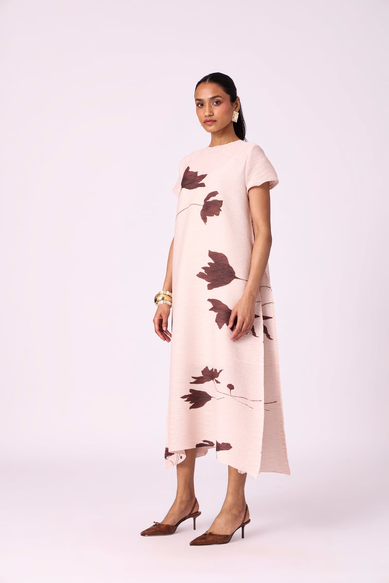 Nude Beige Pleated Floral Midi Dress