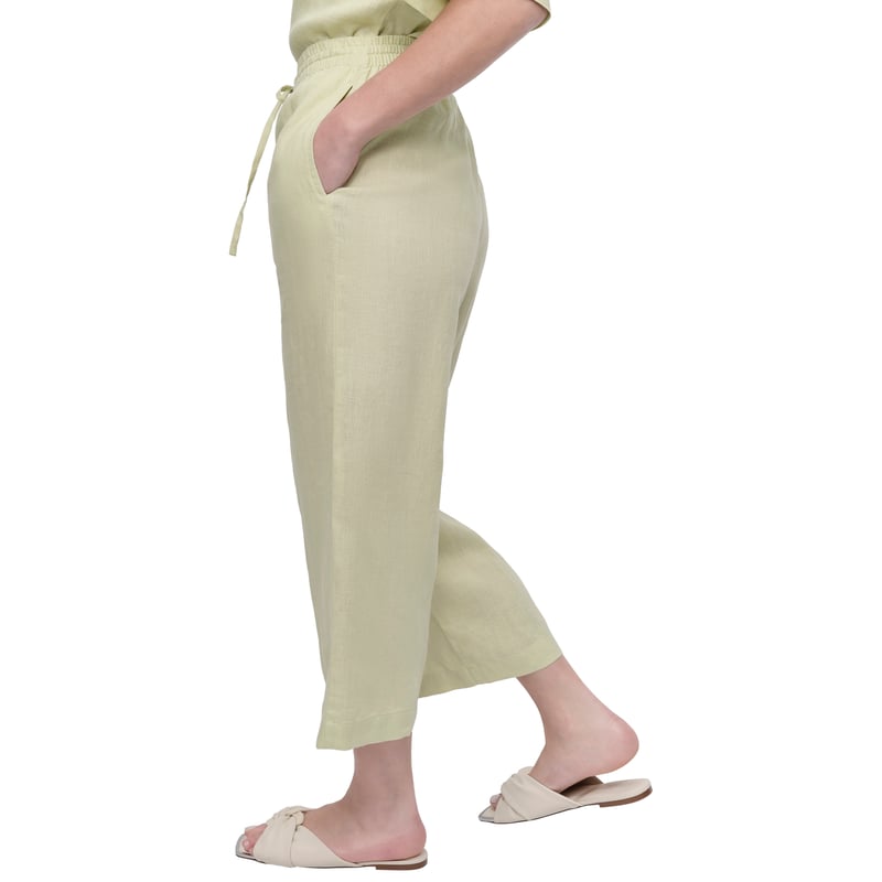 Tea Green Linen Wide-Leg Cropped Drawstring Trousers