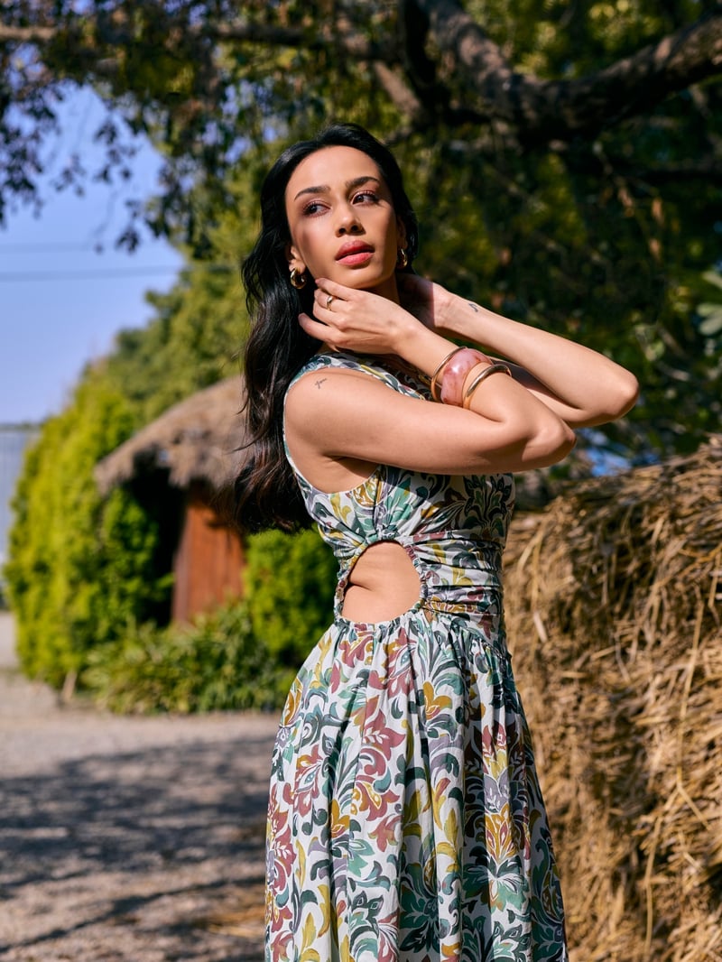 Green One-Shoulder Printed Maxi Dress with Waist Cut-Out